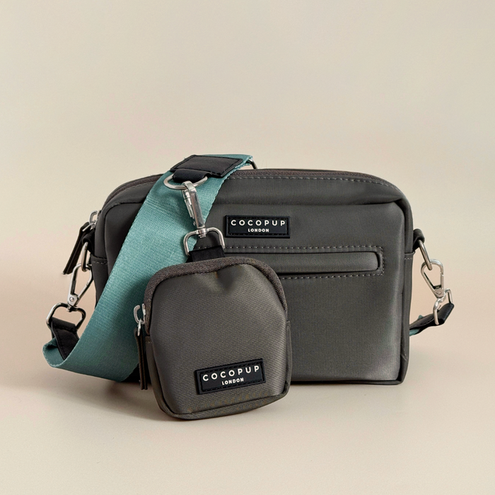 Khaki dog walking bag bundle with matching treat pouch on a beige background.