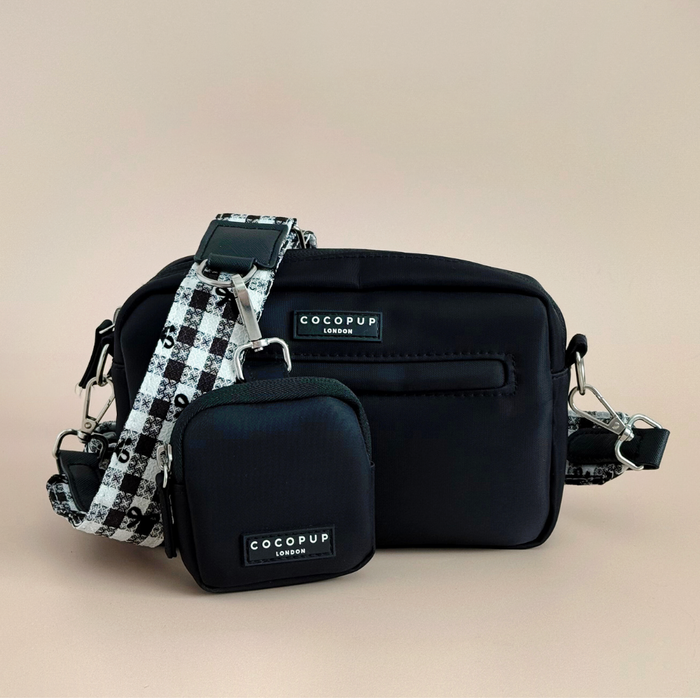 Beige Cocopup London dog walking bag with a checkered strap and matching treat pouch, set against a beige background.