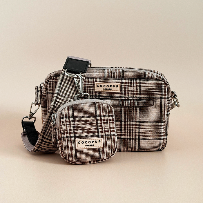Pup Plaid dog walking bag bundle and matching treat pouch by Cocopup London, displayed on a plain background.