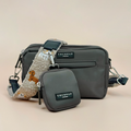 Mocha brown teddy-textured dog walking bag with matching treat pouch and beige strap featuring embroidered detail.