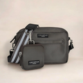Reflective mocha dog walking bag with matching treat pouch and striped shoulder strap.