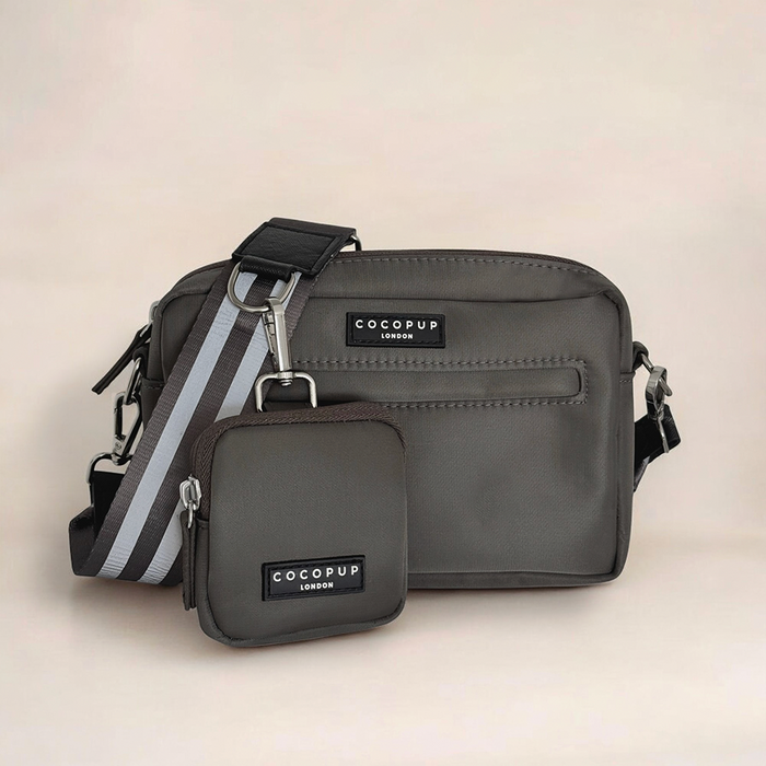 Reflective mocha dog walking bag with matching treat pouch and striped shoulder strap.