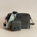 Sage tweed dog walking bag bundle with matching mini pouch, both on a plain neutral background.