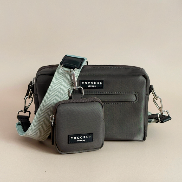 Sage tweed dog walking bag bundle with matching mini pouch, both on a plain neutral background.