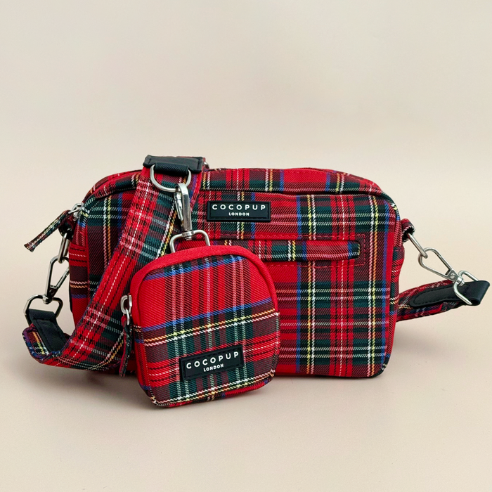Tartan Cocopup London dog walking bag and matching treat pouch on a plain beige background.