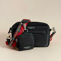 Tartan Cocopup London dog walking bag with matching treat pouch and poop bag dispenser on a beige background.