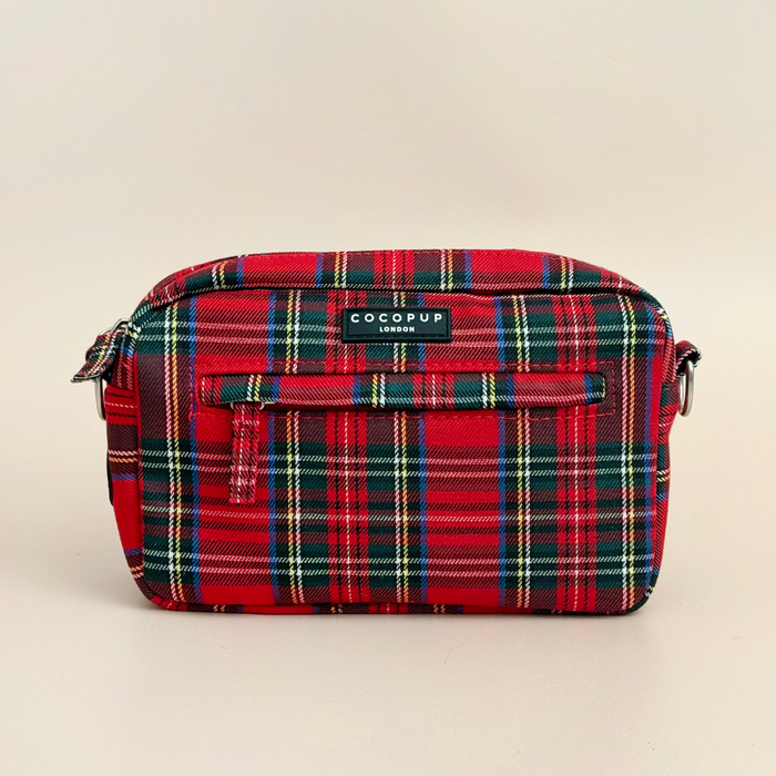 Tartan dog walking bag bundle with front zipper pocket, Cocopup London branding, plaid pattern.