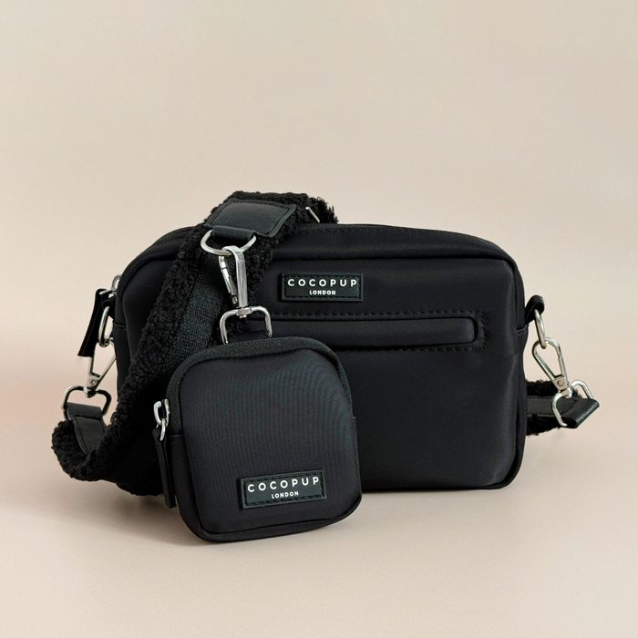 Teddy-textured brown Cocopup London dog walking bag with matching treat pouch on a plain neutral background.