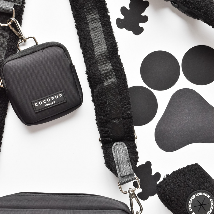 Cocopup London dog walking bag bundle in brown teddy fabric with matching leash, treat pouch, and poop bag on white background.