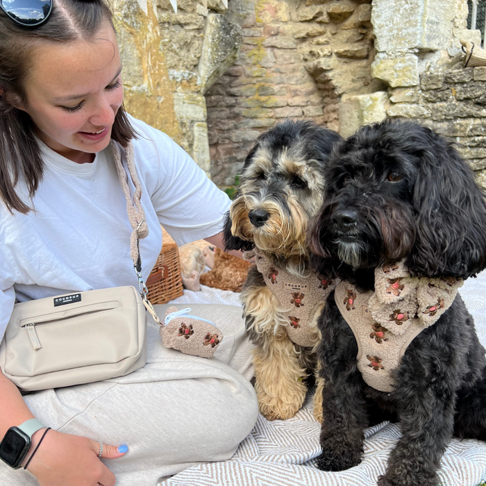 Woman outdoors with two dogs in matching beige Cocopup harnesses and a cream Theo embroidered teddy fabric bag.