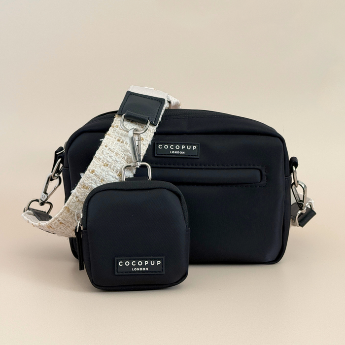 Two Cocopup London dog walking bags in vanilla textured tweed with gold zippers, shown side by side.