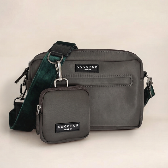 Forest green velvet Cocopup London dog walking bundle with treat pouch and matching adjustable strap.