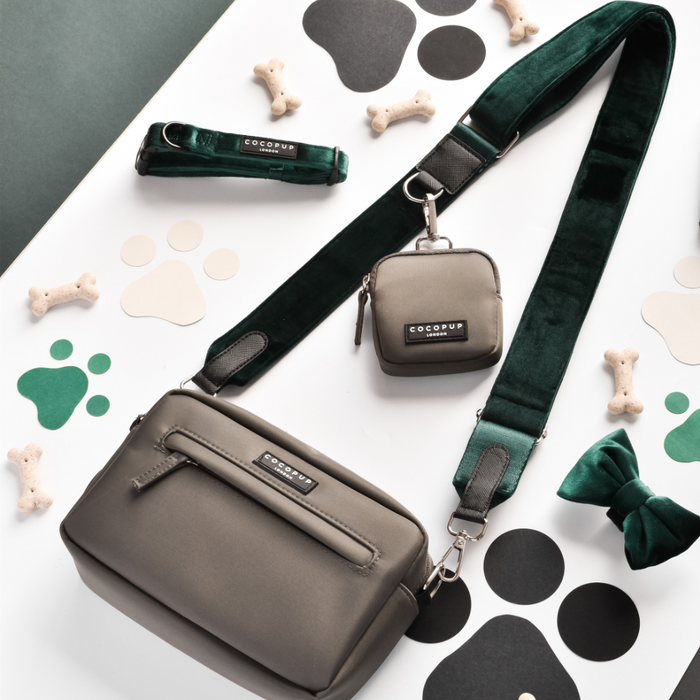 Forest green velvet dog walking bundle with treat pouch, paw print and bone pattern, and a matching green bowtie.