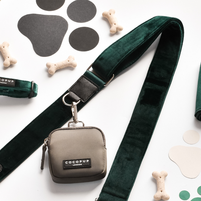 Forest green velvet dog walking bundle with bag and bone treats on a white surface with paw print designs.