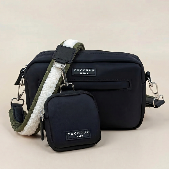 Khaki quilted dog walking set with treat pouch and matching front poop bag dispenser from Cocopup London.