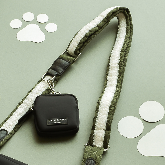 Khaki green quilted dog walking set with fleece-lined strap and black treat pouch.