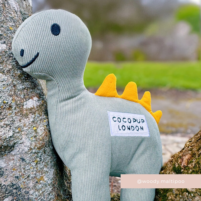 Green plush dinosaur dog toy with yellow spikes by Cocopup London resting against a tree outdoors.