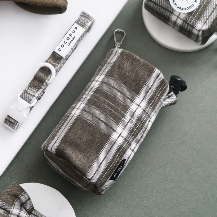 Olive check drawstring treat pouch with clip, in a stylish fabric design by Cocopup London.