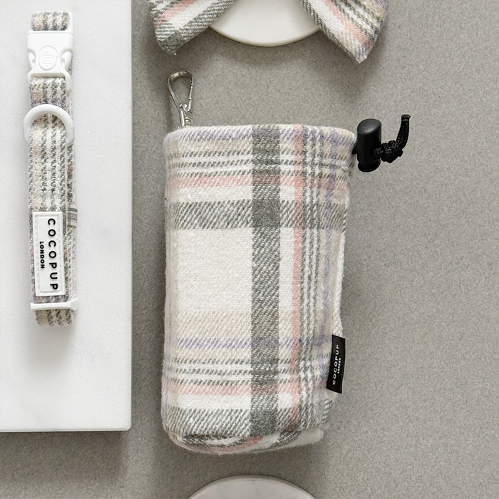 Oxford Plaid drawstring treat pouch with clip, matching collar and bow tie, displayed on a gray surface.