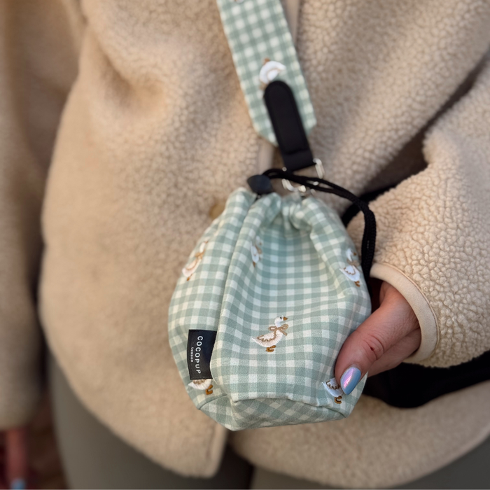 Cocopup London Silly Goose treat pouch with green gingham pattern and cartoon animals, held in a hand.