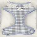 Blue and white checkered, gingham design Dog Harness with white lace trim.