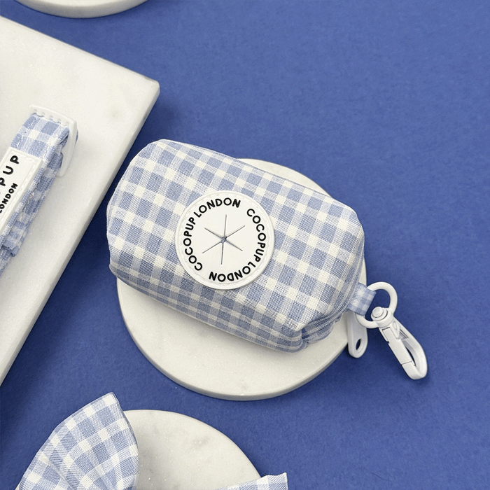 Blue and white checkered, gingham design Poop Bag Holder for dog poo bags.