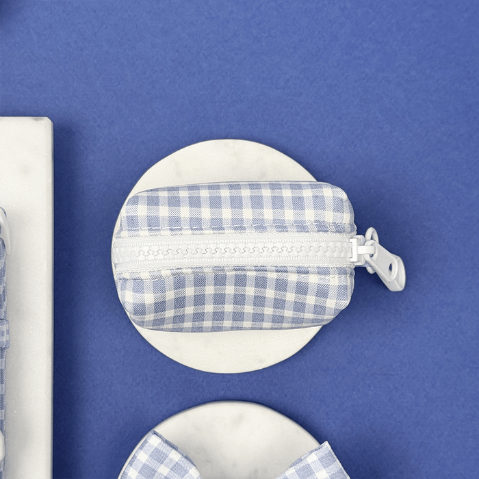 Blue and white checkered, gingham design Poop Bag Holder for dog poo bags.