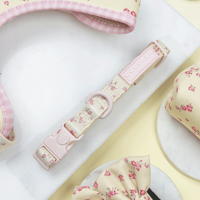 Floral Dog Collar with yellow background and pink flowers.