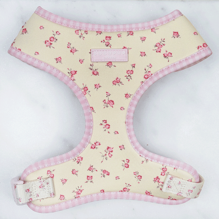 Floral Dog Harness with yellow background and pink flowers.