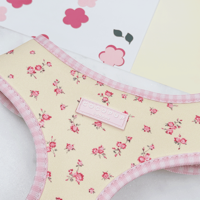 Floral Dog Harness with yellow background and pink flowers.