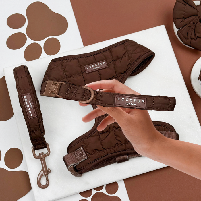 Hand holding a brown quilted Cocopup London dog collar next to matching harness and leash set.