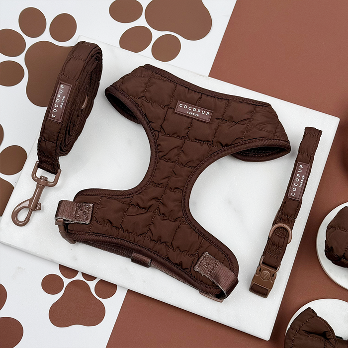 Espresso brown quilted harness, lead, and collar bundle on a white surface with a paw print pattern background.