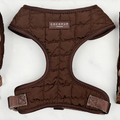 Espresso brown quilted dog harness with adjustable neck and Cocopup London logo.