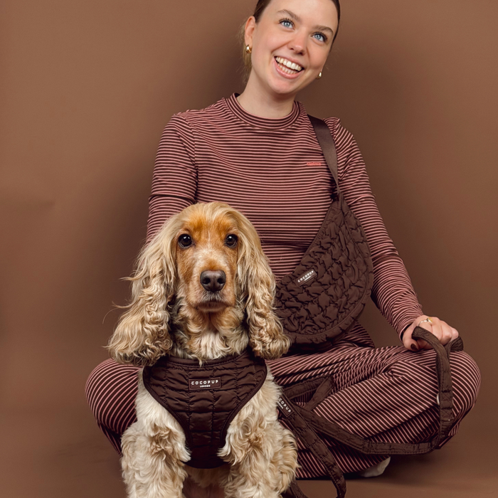Woman and dog in matching brown Cocopup London quilted neck harness with adjustable straps.