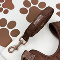 Espresso brown quilted dog lead with metal clip, designed for small dogs by Cocopup London.