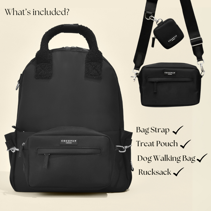 Black Cocopup London rucksack bundle with matching treat pouch, strap, and accessory checklist on a beige background.
