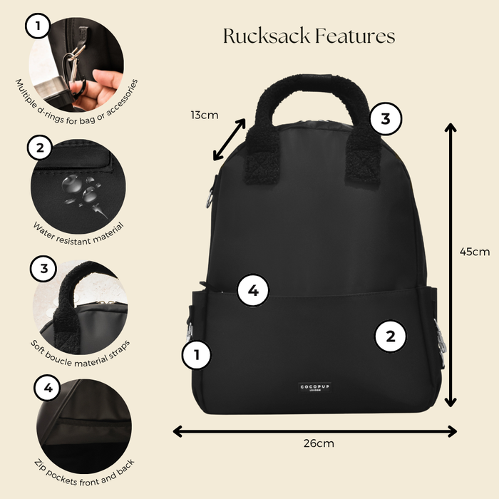 Black Cocopup London rucksack with soft straps, pockets, D-rings and a water-resistant finish.