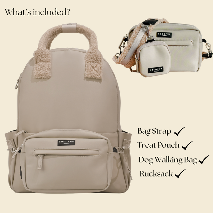 Caramel latte rucksack, matching crossbody bag, treat pouch, and strap from Cocopup London displayed together.