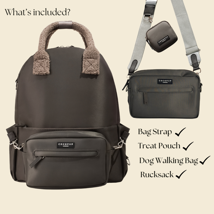 Mocha brown rucksack bundle with matching treat pouch, adjustable strap, and dog walking accessories from Cocopup London.
