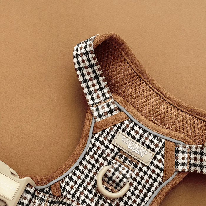Plaid design dog Harness set in neutral brown shades, with Cocopup branding.