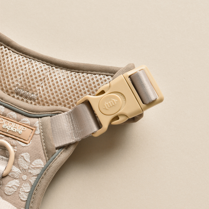 Cocopup London Explore Harness in mocha with floral pattern and mesh detail, shown against a neutral background.