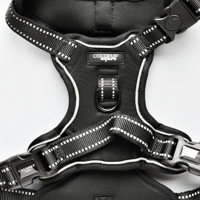 Black and white Cocopup London Explore Harness with reflective details, adjustable buckles, and center logo.