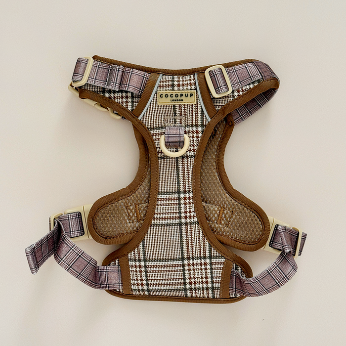 Brown and pink checkered adjustable dog harness with Cocopup London brand tag.