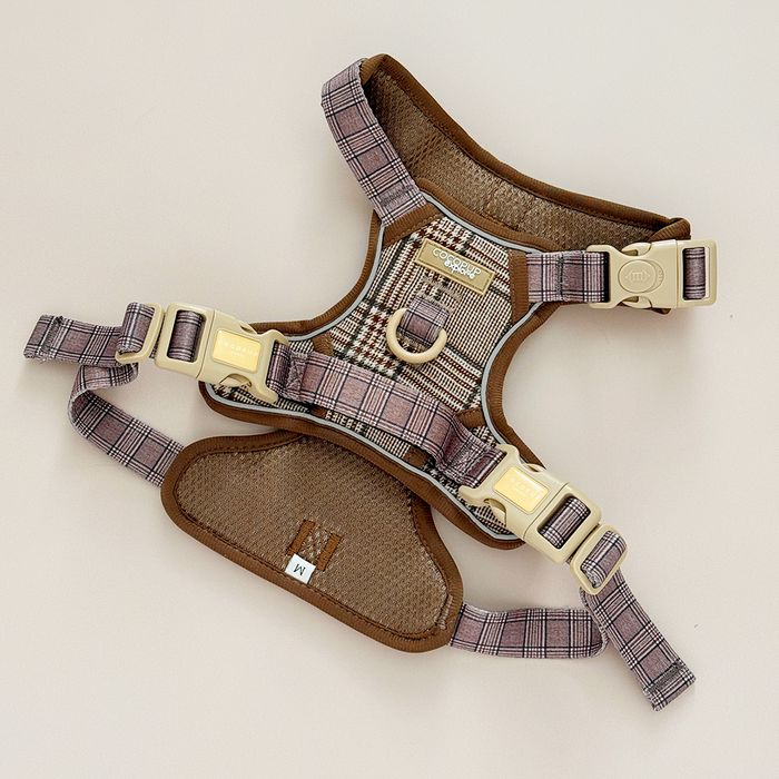 Pup Plaid Cocopup London Explore Harness with beige buckles, shown flat against a light background.