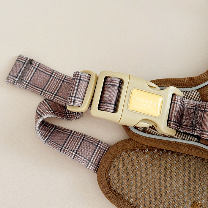 Plaid dog harness with beige buckle and brown mesh, adjustable design by Cocopup London.