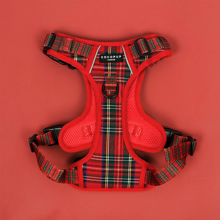 Red tartan dog harness by Cocopup London with black buckles and Cocopup logo on the chest.