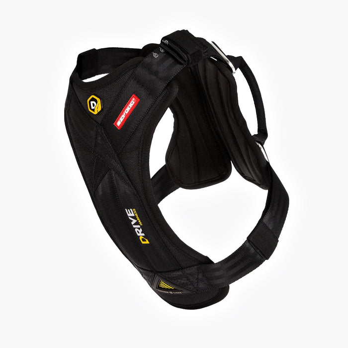 EzyDog Drive car harness in black, front angle view showing padded chest plate