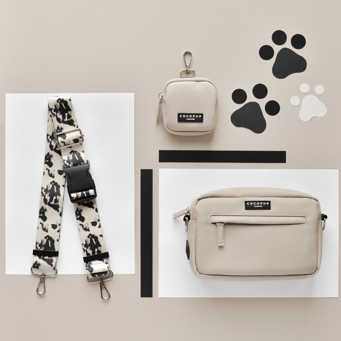 Cocopup London bum bag strap in ivory tortoise pattern with gold hardware and adjustable design.