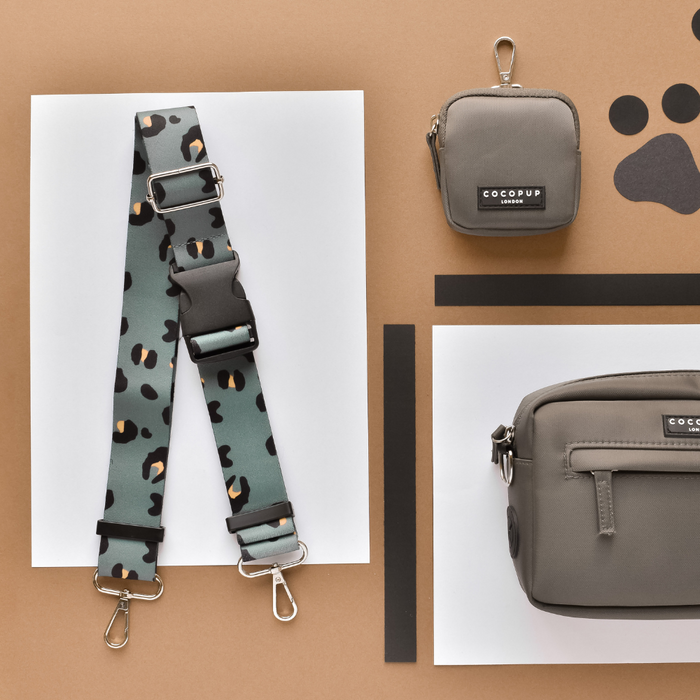 Khaki leopard print Cocopup London bum bag strap with crossbody pouch on a brown and white background.