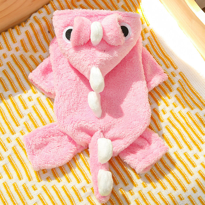 Pink hooded dinosaur fleece pet suit with applied eyes and spines